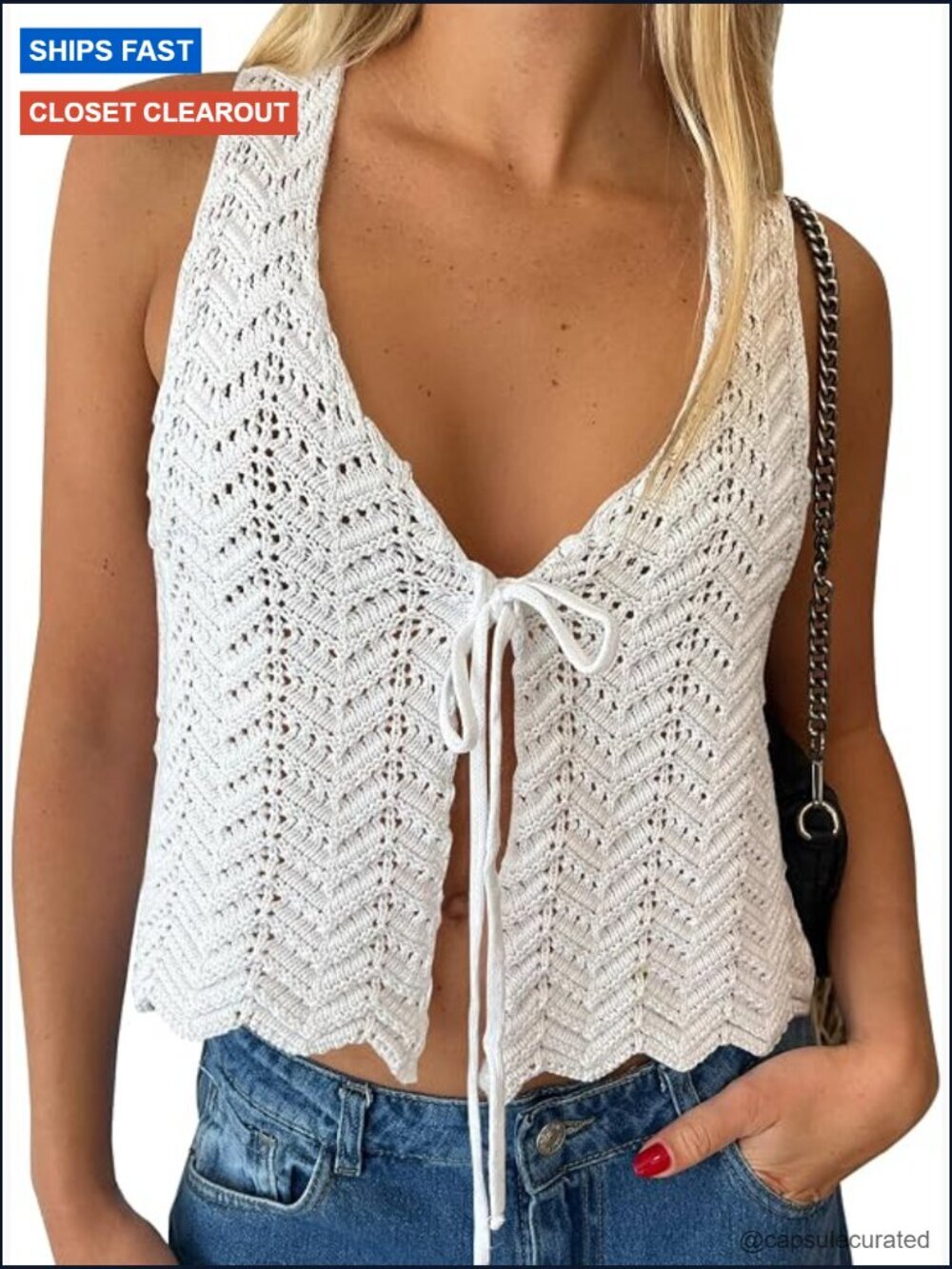 Crochet Tie Front Vest Top Sleeveless V-Neck Sweater Beach Coverup